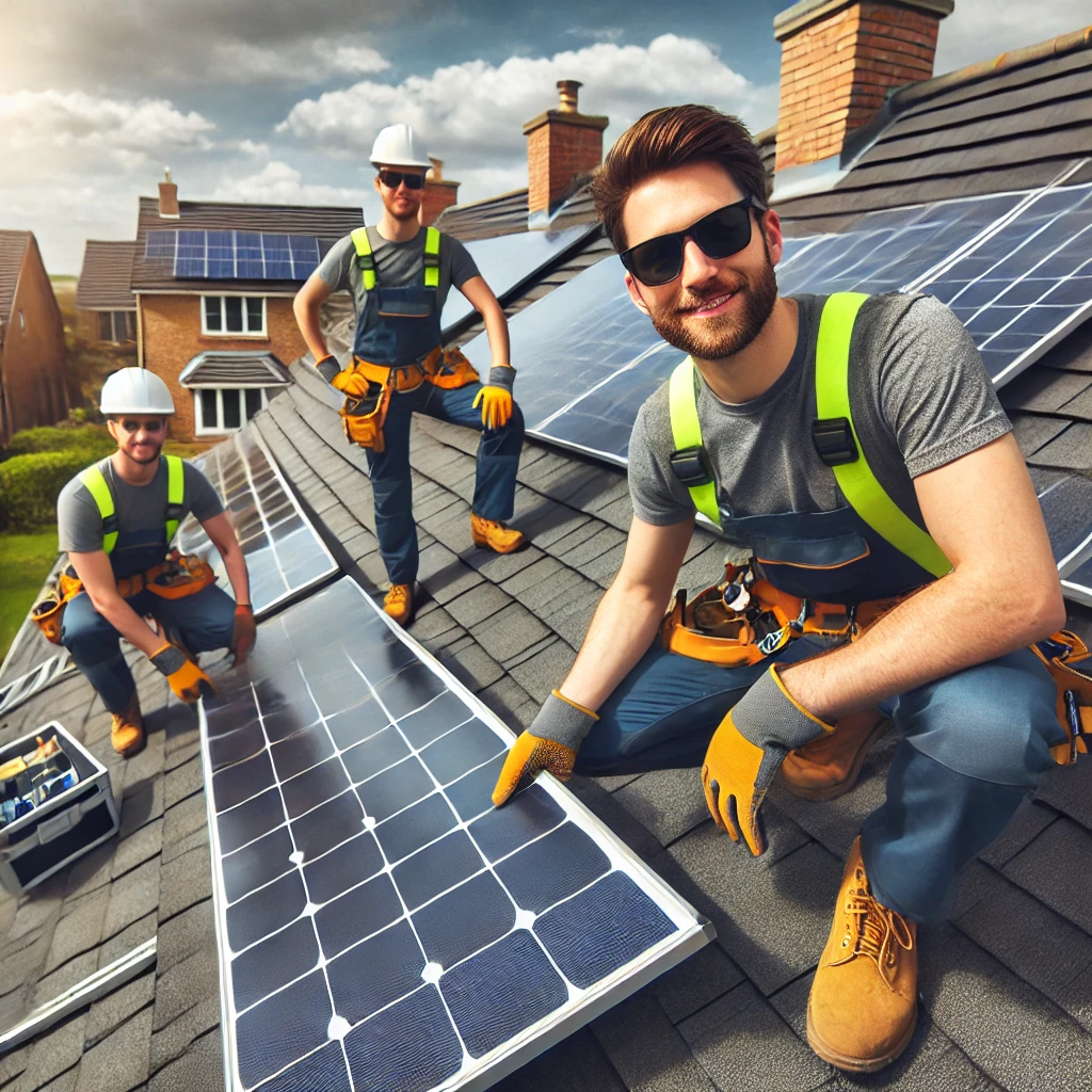 Professional team installing solar panels on a residential roof in the UK, ensuring top-quality service