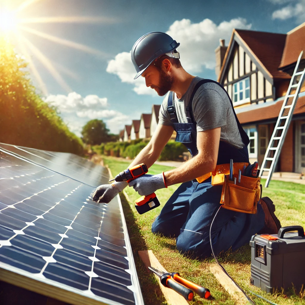 Certified technician working on a solar panel system for a UK home