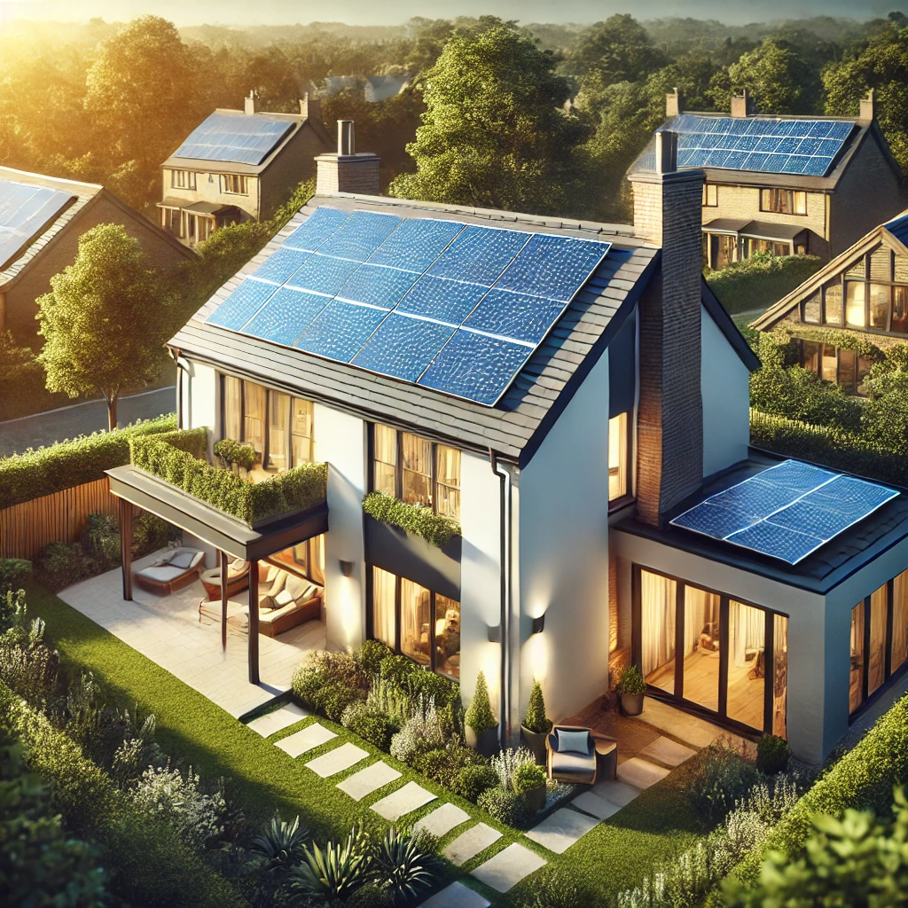 Residential home with modern solar energy solutions installed on the roof